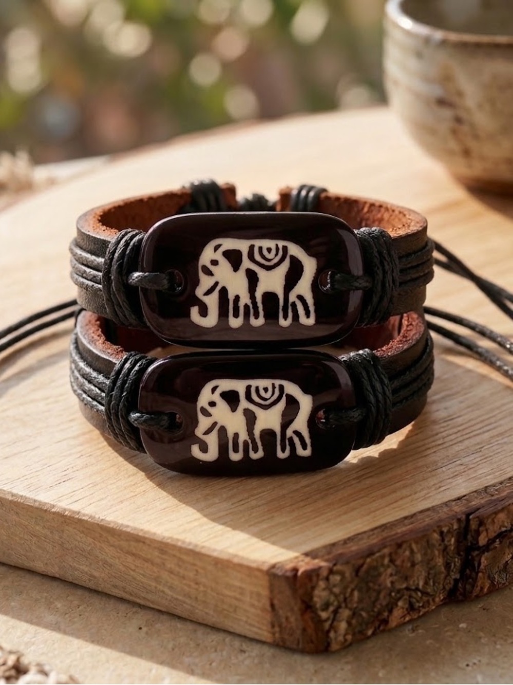 Set of 2 Boho Leather Elephant Charm Bracelets | Adjustable Drawstring Unisex Wr